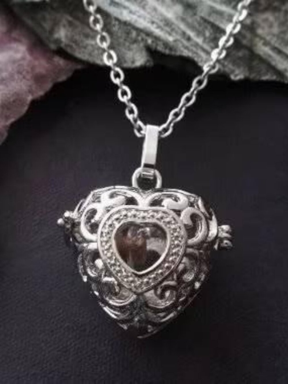 Filigree Heart Locket Necklace Silver Memorial Glass Vial Miniature Bottle Orb